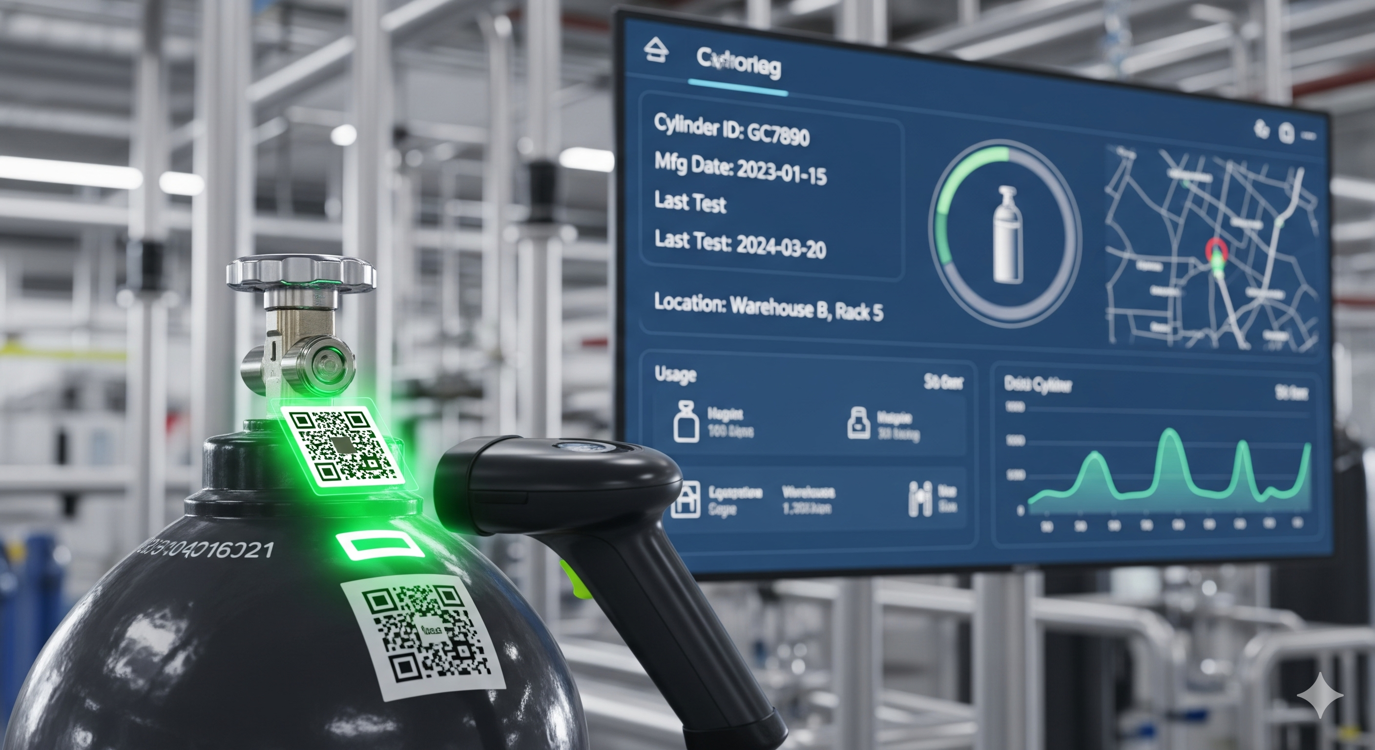 Technician scanning cylinder QR code for traceability